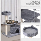 Grey cat tree with round top perch bed, middle resting platform, and enclosed condo cave