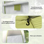 Green tent interior with storage pocket, hanging lamp hook, and window
