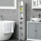Freestanding tall cabinet with open shelves, two drawers, and a grey door for bathroom storage