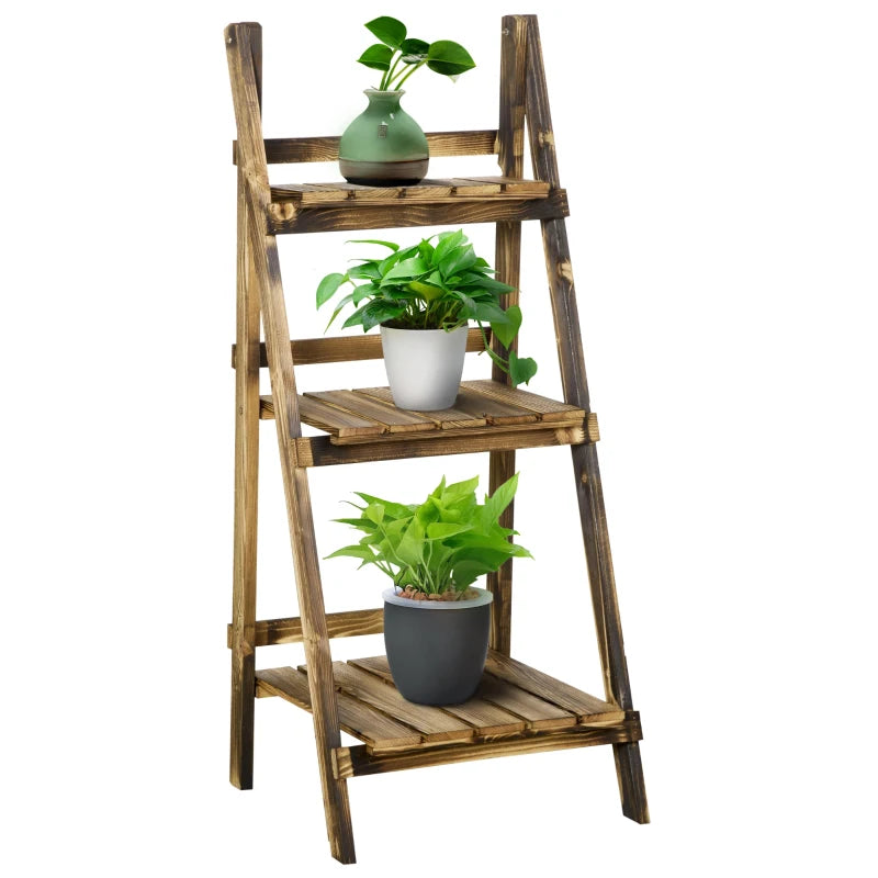 Brown wooden 3-tier folding flower pot stand with three planters and greenery