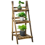 Brown wooden 3-tier folding flower pot stand with three planters and greenery