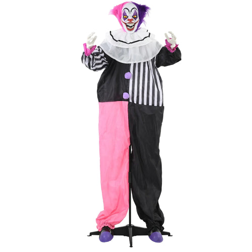 Halloween animatronic clown in black-and-white striped shirt and pink pants, purple eyes