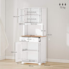 White kitchen cabinet open with inner shelves and two drawer compartments, with measurement cutouts