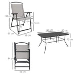 Grey folding dining chair and outdoor dining table with measurements