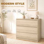 Oak 3-drawer chest of drawers in a modern bedroom setting with flat drawer pulls.