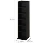 Tall black media shelf unit showing compact footprint and open shelving