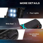 Black kids electric motorbike with wide seat, side foot pedal, and lit headlight cluster