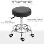 Black round padded stool with gas lift height adjustment, chrome ring base, caster wheels