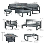 Grey sectional outdoor sofa set with fire pit table, ottoman, and side benches