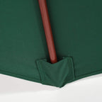 Bottom edge of green umbrella canopy with pole sleeve and fabric tie