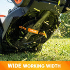 34 cm mulching cutting deck with blade throwing grass clippings, close-up