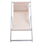 Beige folding deck chair front view with light gray aluminum frame and padded head pillow