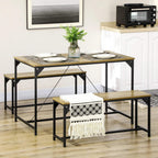 Dining table with two benches and bench under-table storage, natural wood top and black frame
