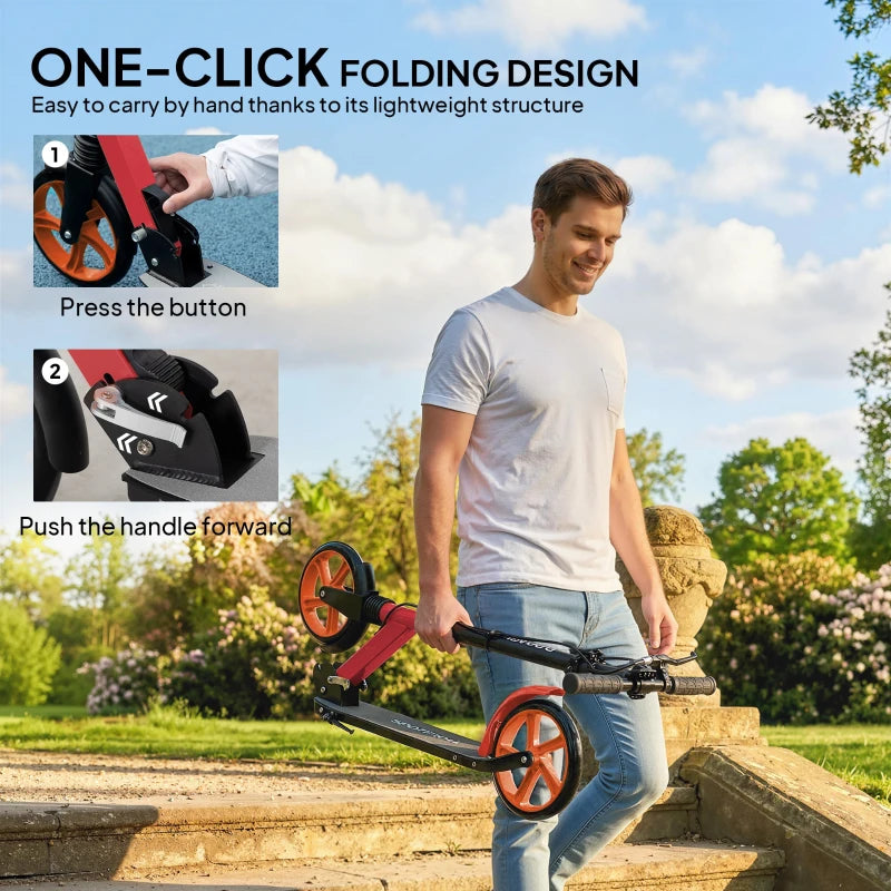 Red and black one-click folding kick scooter with black deck and orange wheels