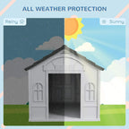 Grey plastic dog house illustration with dark roof and front doorway