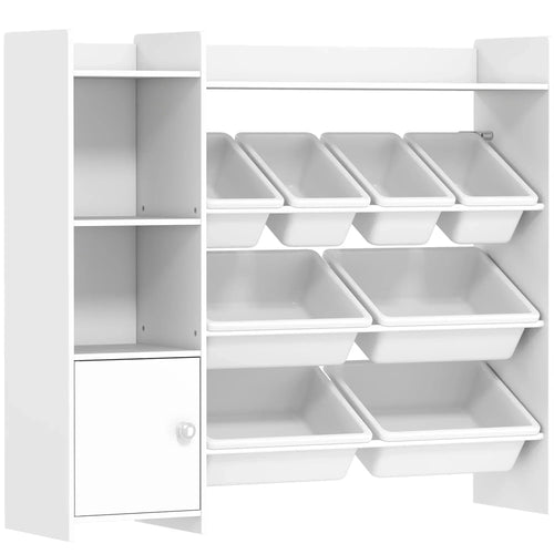 White toy storage unit with shelves and 8 removable plastic bins, open cabinet view