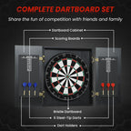 Bristle dartboard cabinet set with 6 steel-tip darts, dart holders, and scoring boards.