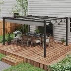 Grey retractable-roof aluminium pergola with open patio deck and side canopy panels
