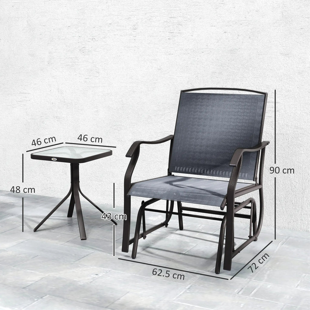 Grey textilene rocking chair and glass-top table with dimensions