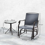 Grey textilene rocking chair and glass-top table with dimensions