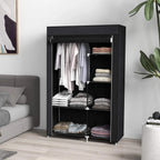 Black fabric wardrobe open showing hanging rail and 6 cubby shelves for storage.