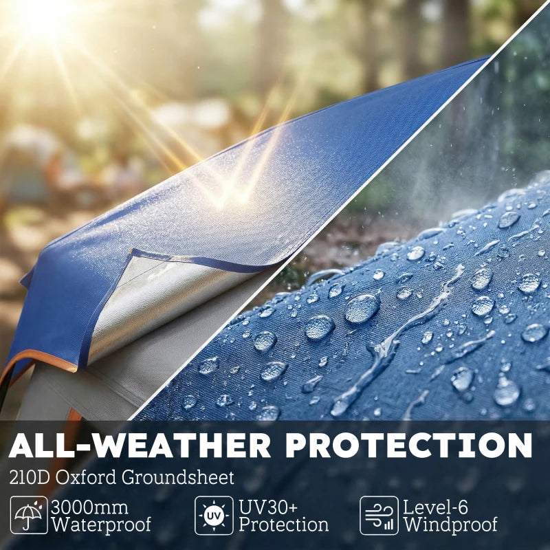 Blue waterproof tent fabric with water droplets and seam details, silver inner surface