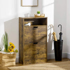 Slim rustic brown shoe cabinet with open shelf and two drawer fronts