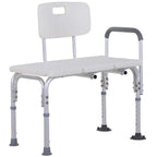 White shower transfer bench with backrest and armrests, slip-resistant legs and seat