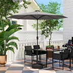 Light grey garden parasol with LED lights glowing at the base