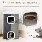 Grey sisal cat barrel with plush-lined square doors and curved top cushion