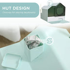 Light blue litter tray with dark green hood and top access scoop compartment