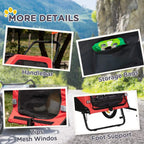 Red and black pet bike trailer details with mesh windows, zippers, and storage bags
