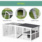 White wire rabbit hutch with opnenable roof, built-in nest, and ladder stand