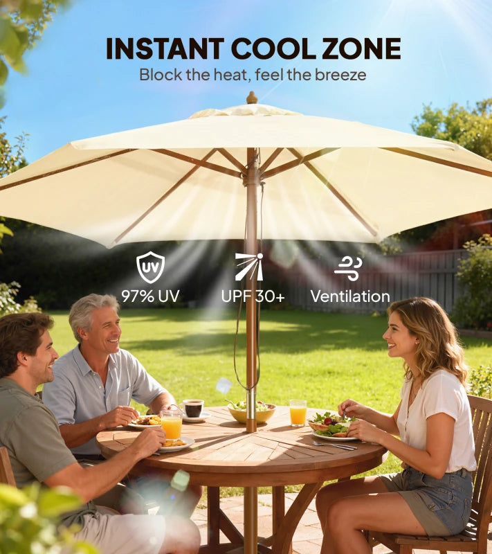 2.5m Wood Garden Parasol Sun Shade Patio Outdoor Wooden Umbrella Canopy, Table Market Umbrella with Vent, 38mm Pole, Rope Pulley Mechanism, Cream White