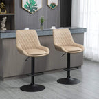 Set of 2 light khaki upholstered bar stools with backrest and black pedestal bases