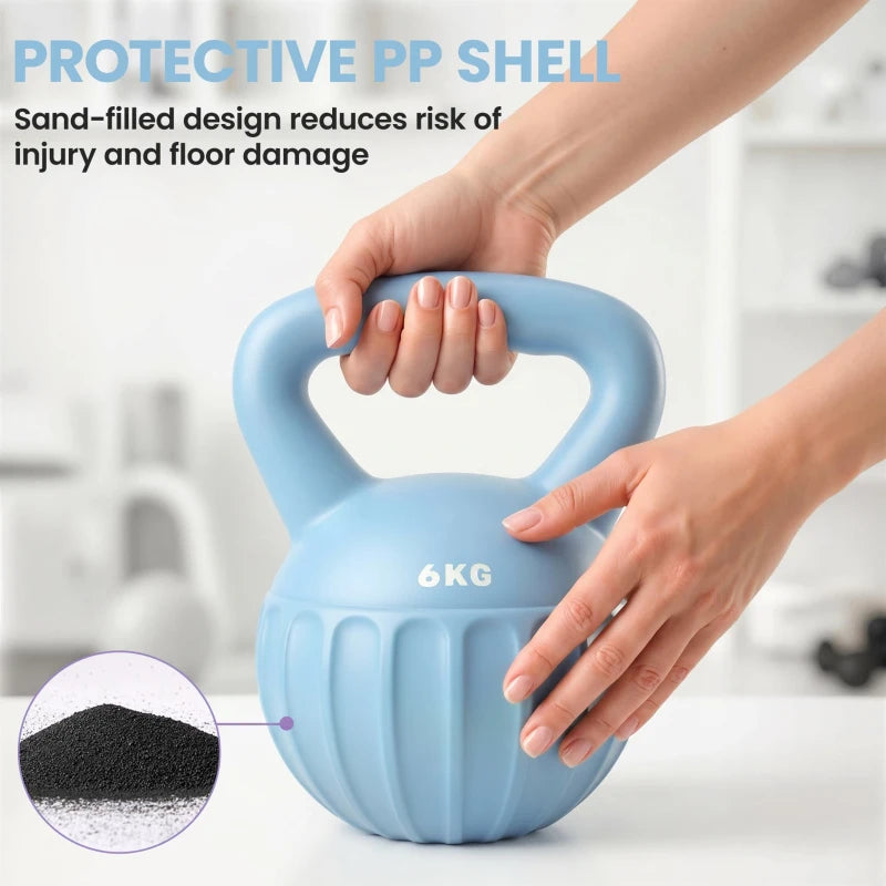 Blue 6 kg kettlebell with grippy handle and sand-filled PP shell