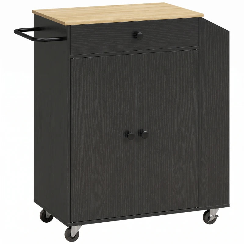 Black rolling kitchen storage cart with cabinet doors and top drawer