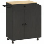 Black rolling kitchen storage cart with cabinet doors and top drawer
