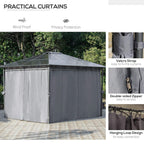 Grey gazebo curtains with wind protection, privacy sides, and zipper access details