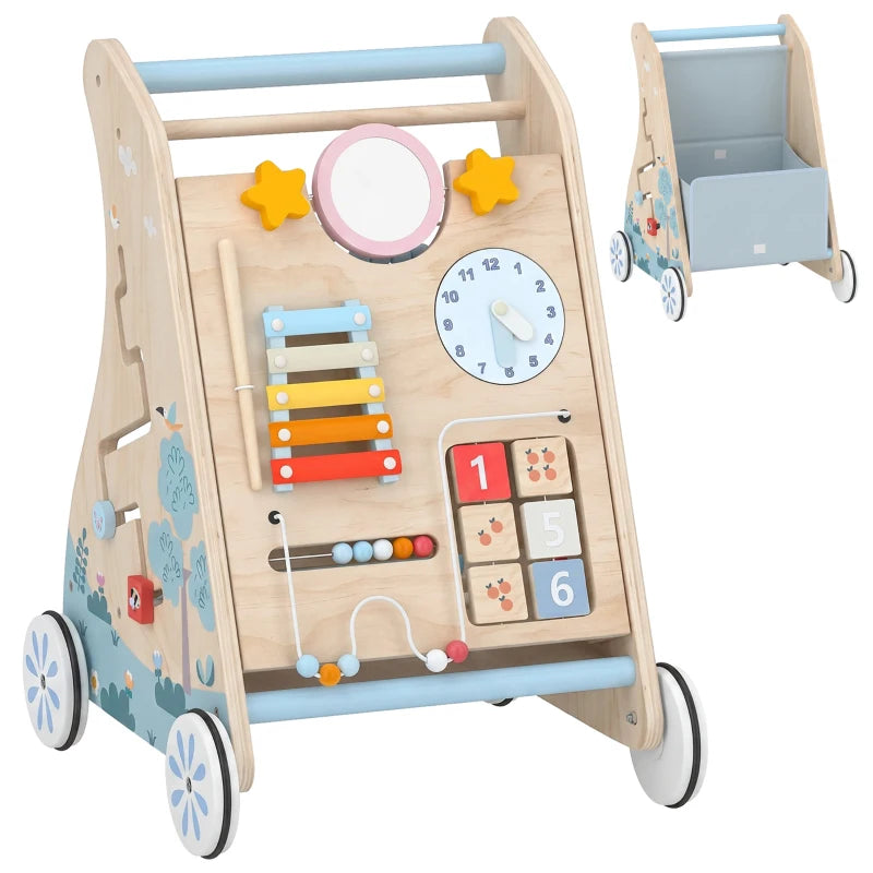 Wooden push-along baby walker with front activity board and wheels