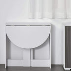 White drop-leaf table with center support and down-folded leaf panel