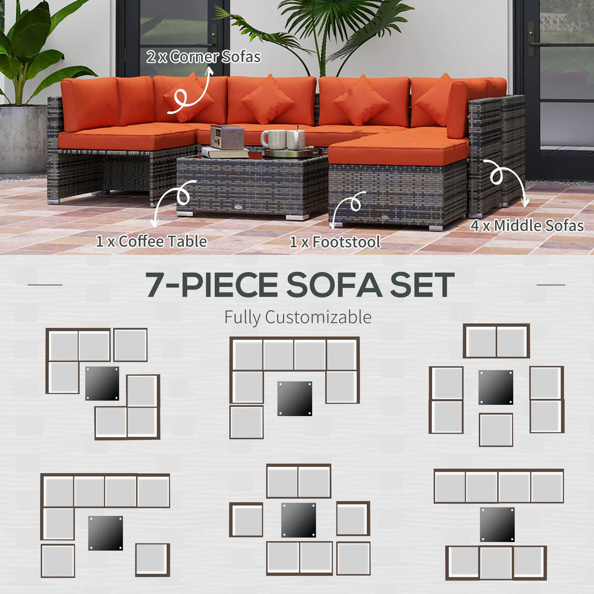 Outsunny 8-Piece Rattan Sofa Set Orange Grey