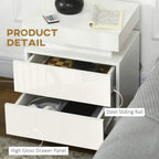 White high-gloss drawer panel with steel sliding rail detail in open nightstand