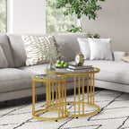 Gold round nesting coffee tables set of 2 with tempered glass tops and steel frames