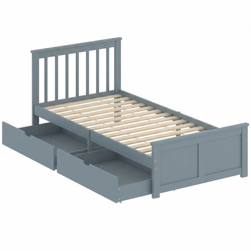 Grey pine single storage bed with headboard, slatted base, and two drawer compartments