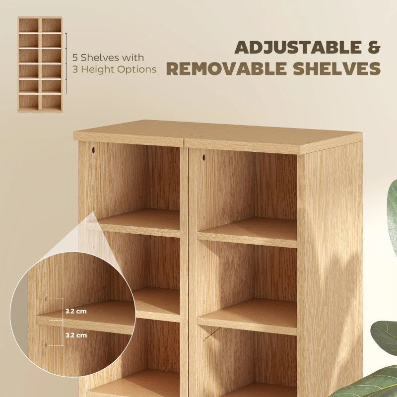 Natural wood media shelf with adjustable internal shelving and open cubby compartments