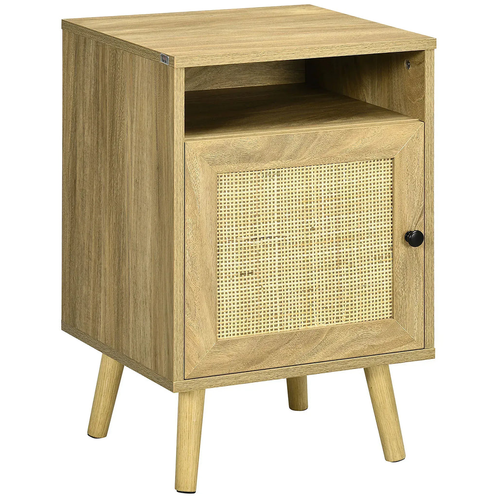 Bedside Table with Rattan Element, Side End Table with Shelf and Cupboard, 39cmx35cmx60cm, Natural - Bobobiy