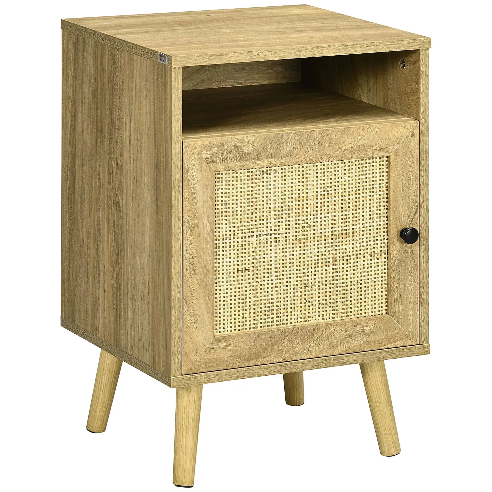 Bedside Table with Rattan Element, Side End Table with Shelf and Cupboard, 39cmx35cmx60cm, Natural - Bobobiy