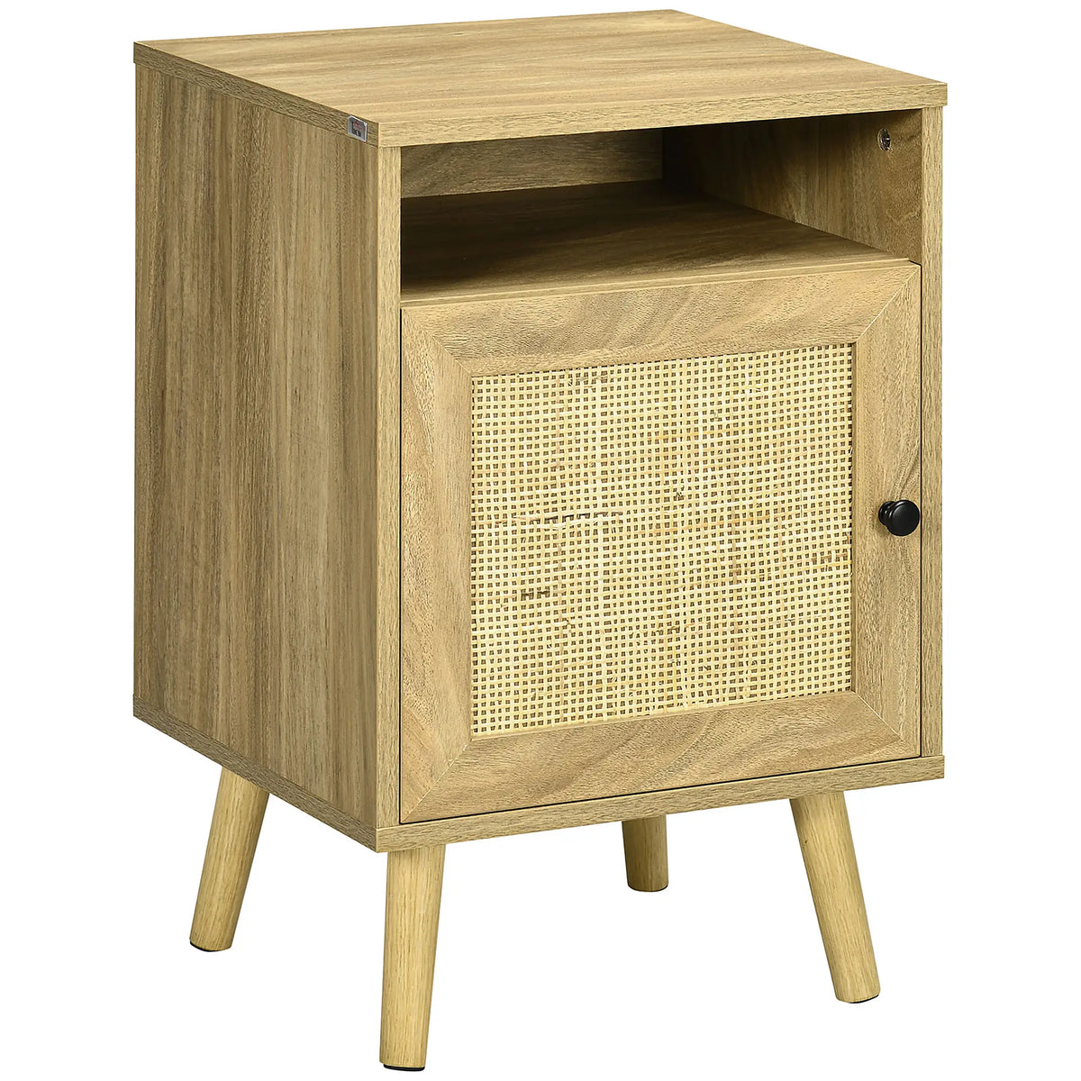 Homcom Bedside Table with Rattan Element, Side End Table with Shelf and Cupboard, 39cmx35cmx60cm, Natural