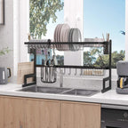 Black over-sink drying rack with stacked plates and hanging utensil holders